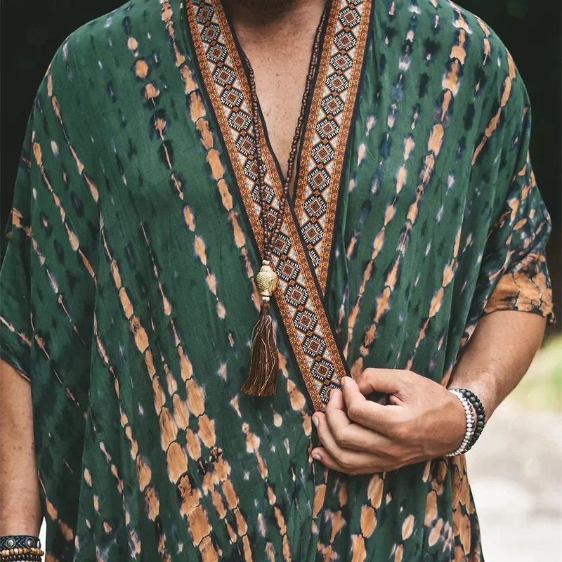 Summer Fashion Cardigan Shawl Mens Print Long Windbreaker Beach Sunwear Casual Shirt Fashion Poncho Jacket Cape Coat Tops