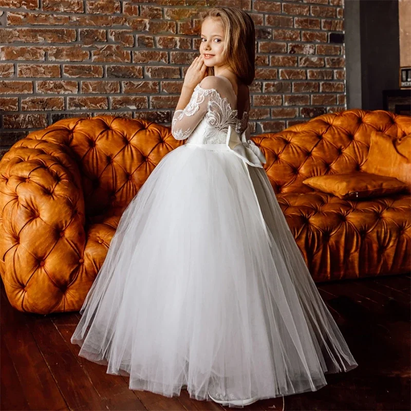 Vestido de renda marfim para meninas, vestido de tule com ombro de fora, vestido de baile inchado para primeira comunhão, princesa, vestidos de festa de aniversário