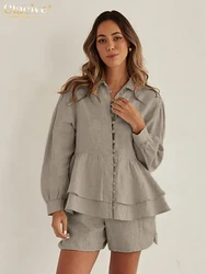Clacive Fashion Loose Khaki Linen 2 Piece Sets Women Outfit 2025 Elegant Long Sleeve Shirt With High Waist Shorts Set Female