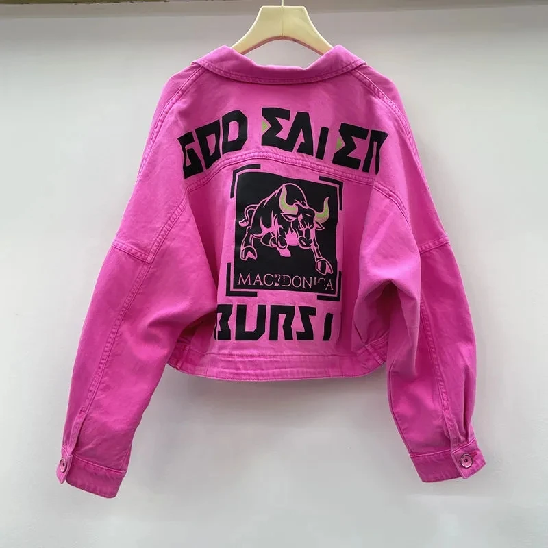 Trendy Rose red Denim Jacket Women's Streetwear 2025 Spring Autumn New Loose BF Print Denim Jackets Female Short Outwear Tops