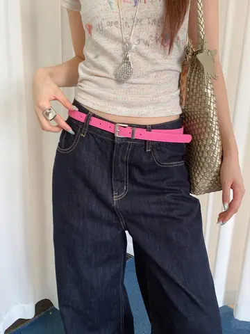 Rose Pink Narrow Waist Belt Y2K Style Decorative Belt With Jeans Accessories And Metal Buckle