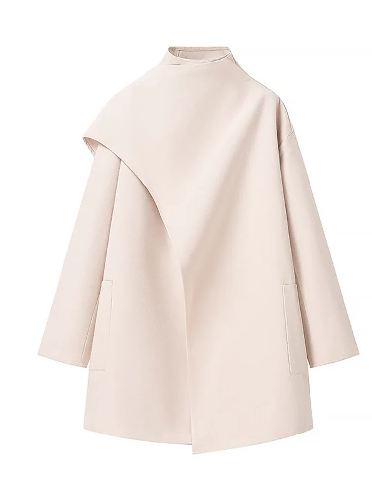 

Loose Outwear 2025 Autumn Winter Lady Streetwear Casual Scarf Collar Woolen Women Jacket Asymmetrical Long Sleeve Pockets Female