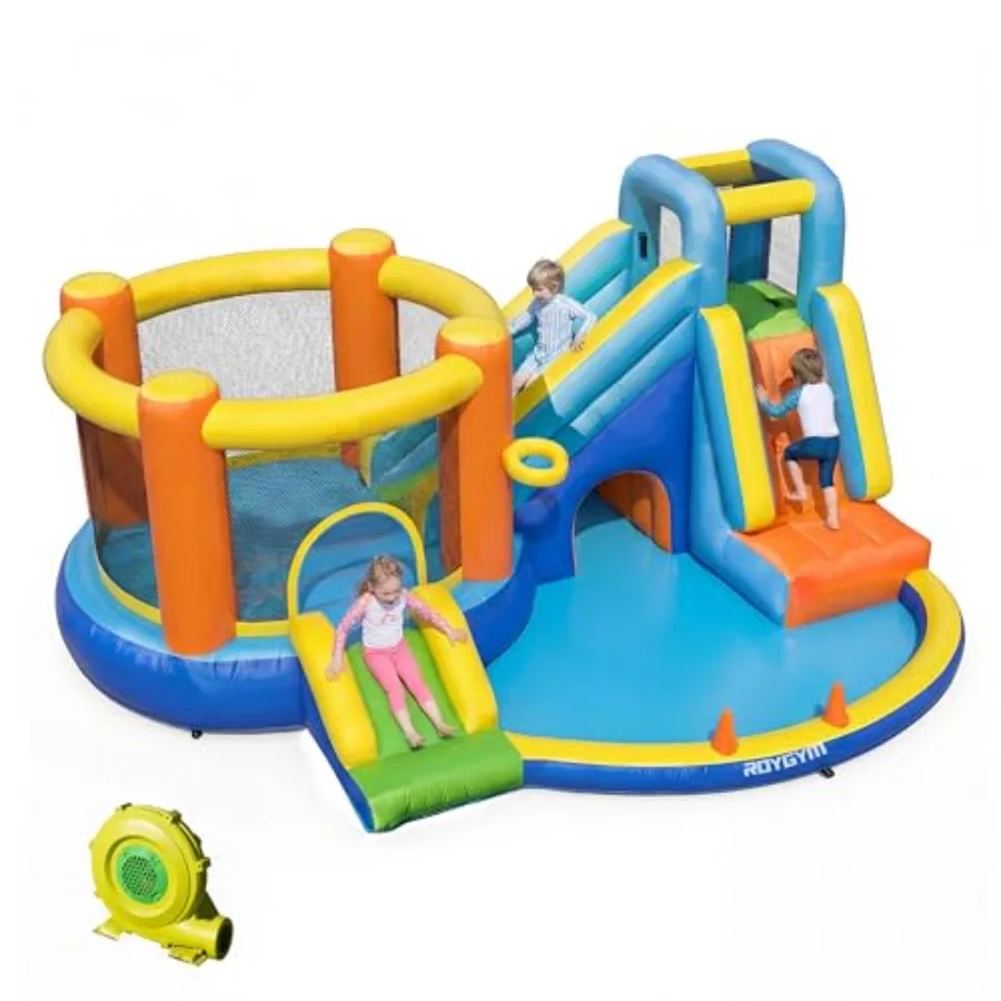 

Inflatable Bounce House for backyard and outdoor summer fun, PVC material, blue and red, includes 450W blower, double slide, cl