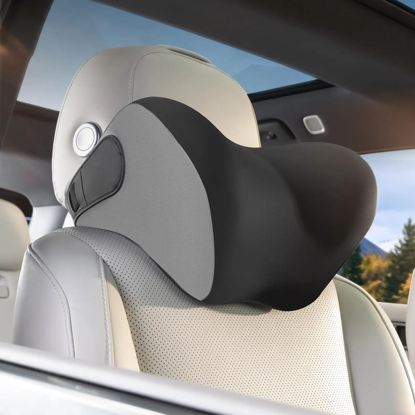 

Car Headrest Pillow Memory Foam Neck Support Ergonomic Travel Commuting Pain Relief Removable Washable Cover Black Gray