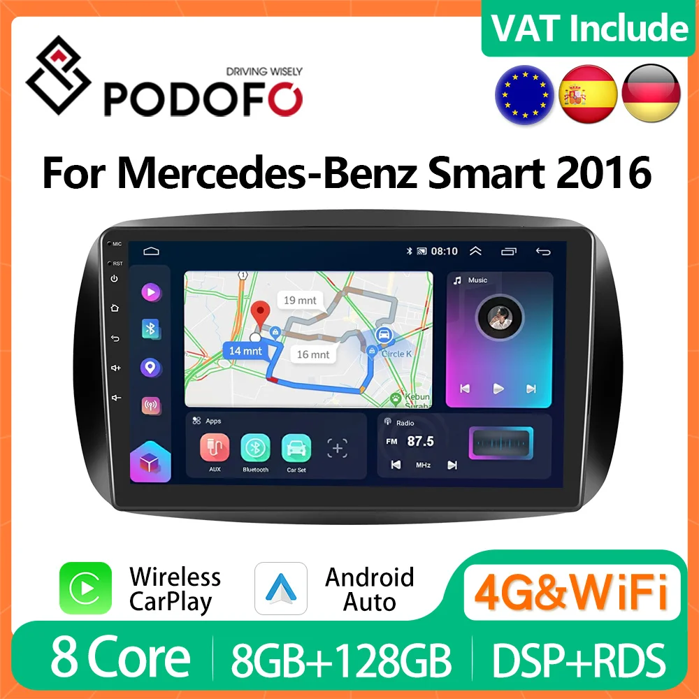 Podofo 9 "autoradio sans fil CarPlay Android Radio pour mercedes-benz Smart 2016 multimédia GPS WIFI 4G voiture systèmes intelligents
