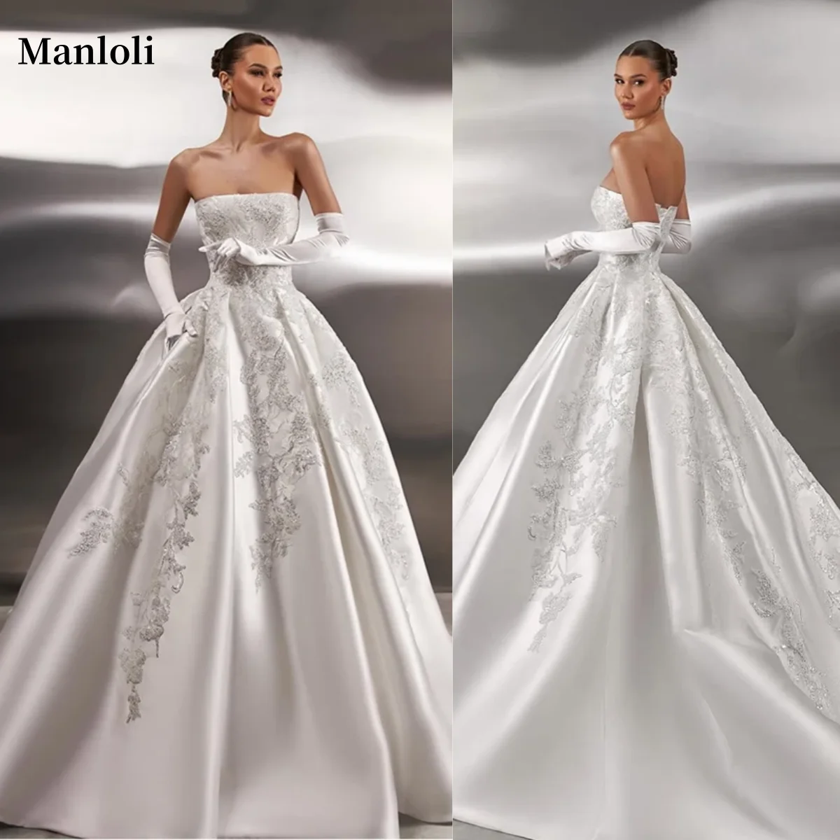 فستان زفاف من الساتان بدون حمالات مخصص لعام 2025 مطرز بالدانتيل على شكل حرف a فستان الأميرة بدون أكمام فستان الزفاف رداء