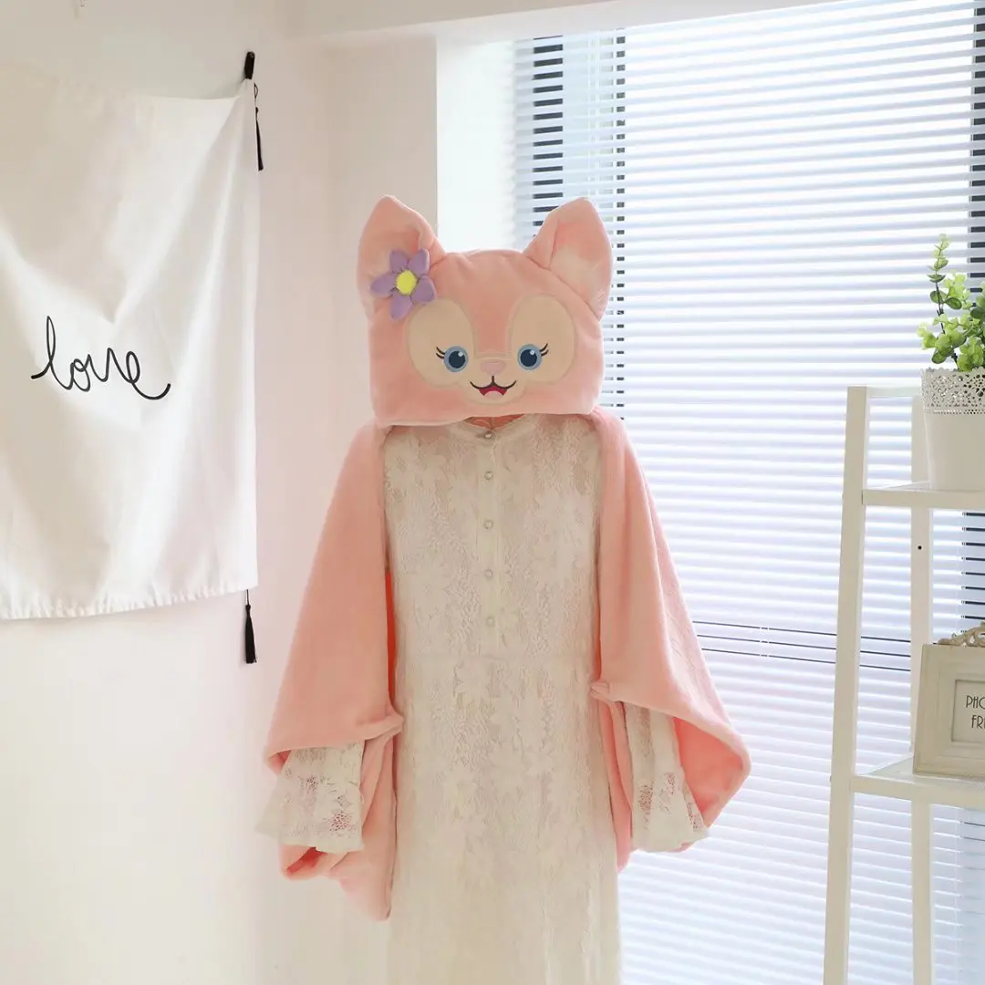 Kawaii Disney Linabell Plush Cloak Cartoon Pink Fox Hooded Cloak Air Conditioning Blanket Sofa Decoration Warm Clohes Girls Gift