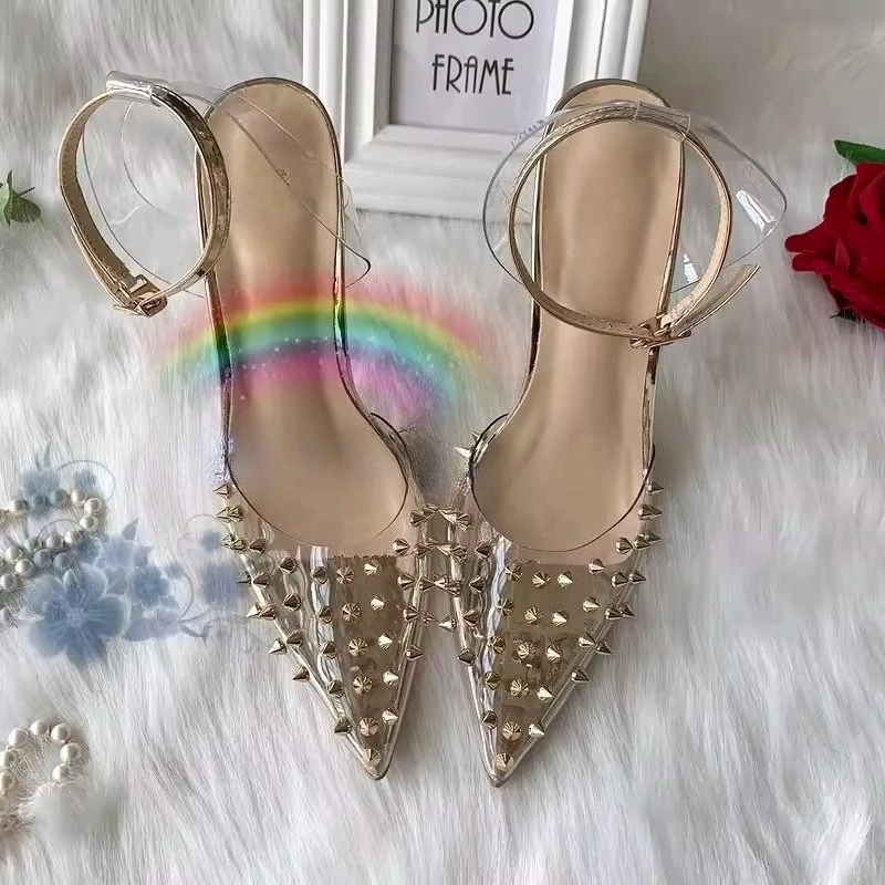 New European and American Foreign Trade High Heels Pointed Rivets Sexy PVC Women's High-heeled Sandals