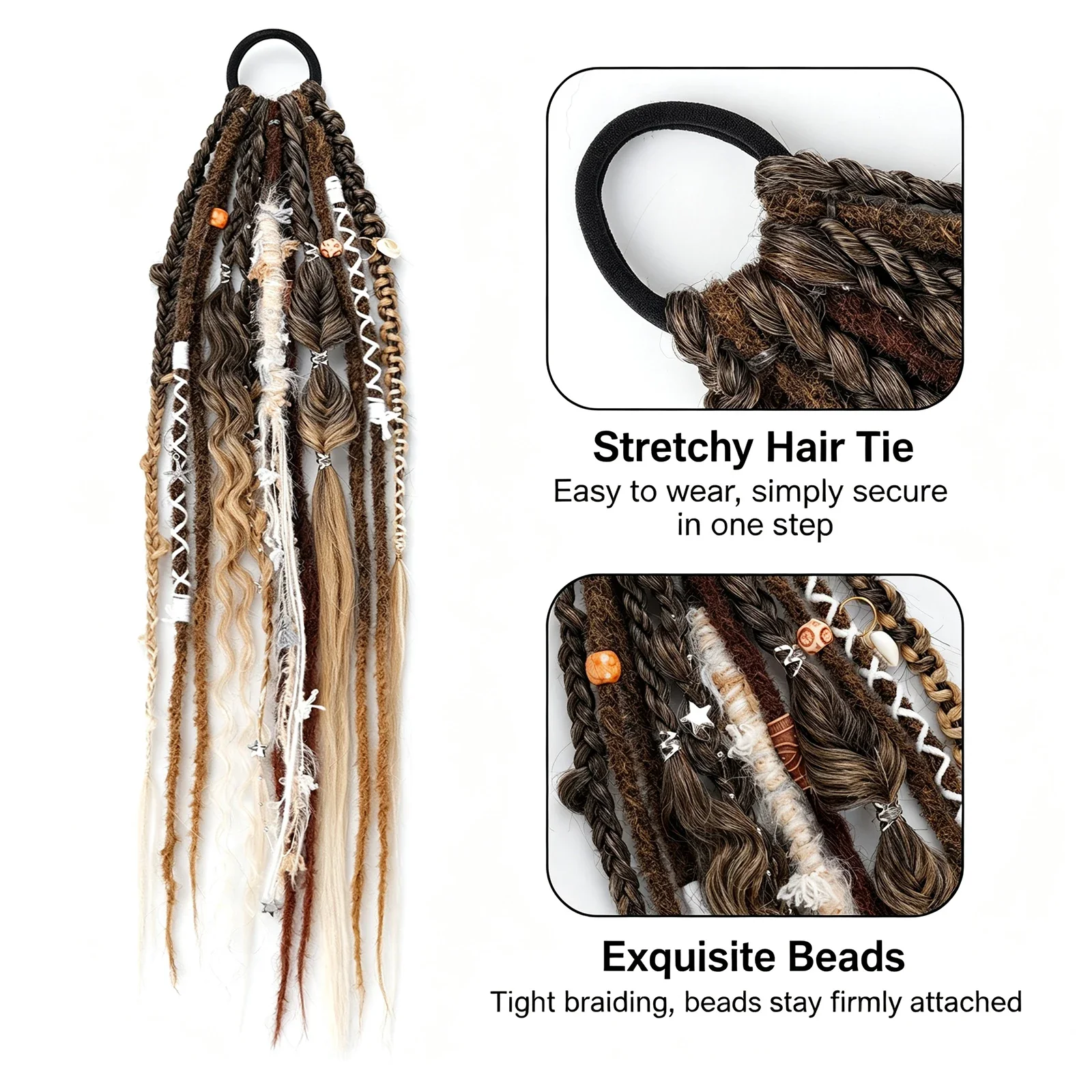 Synthetic Dreadlock Ponytail Hair Tie, Boho Mixed Braided Boxing Braid Ponytail for Girls Daily Cosplay Party