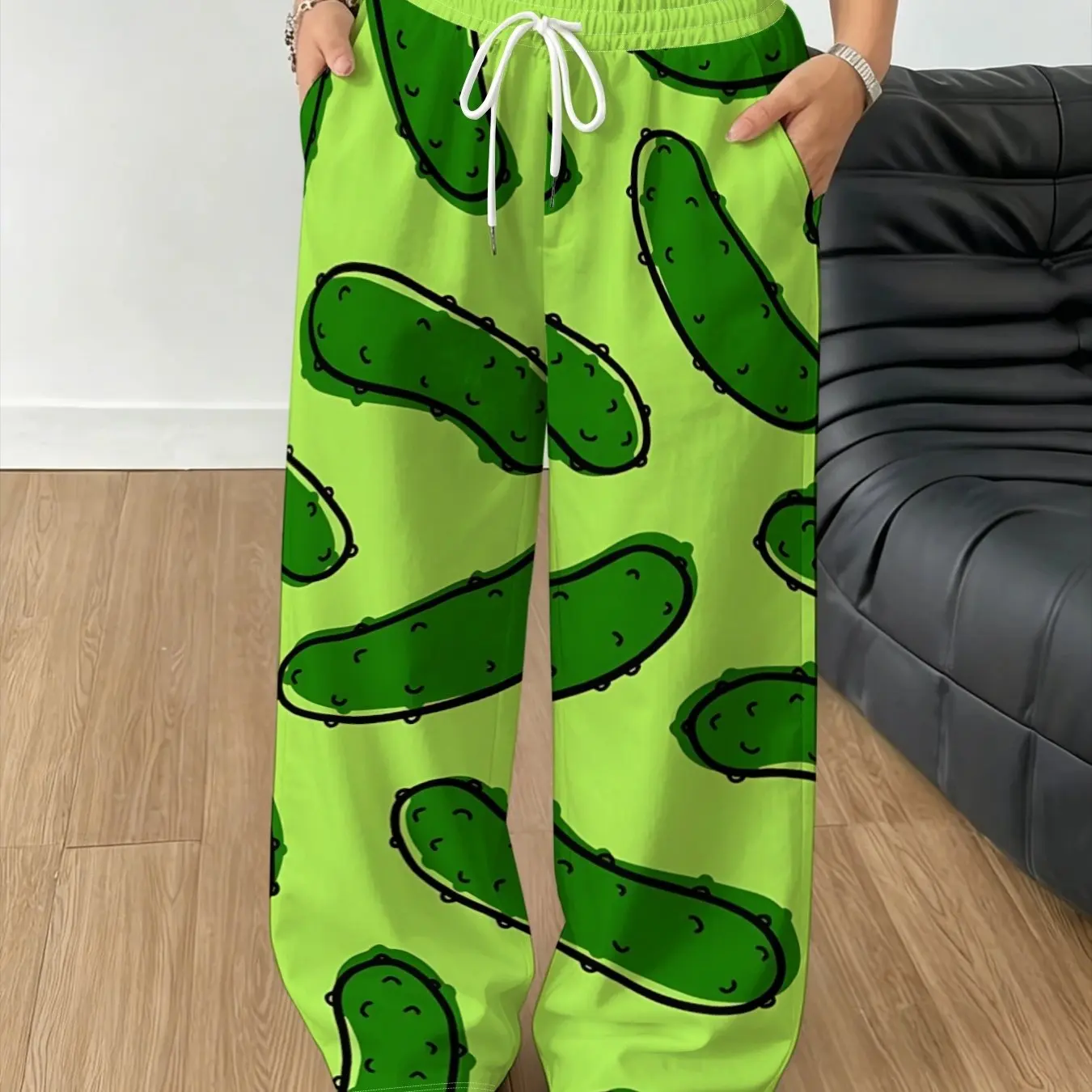 New Cucumber Pattern 3D Printed women's wide leg sports pants with drawstring loose straight tube Y2K streetwear women's pants