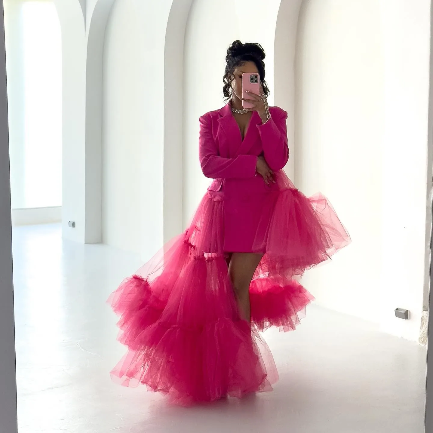 

New Arrival Hot Pink Women Blazer Dresses Aso Ebi Stylished Formal Dresses With Detachable Train