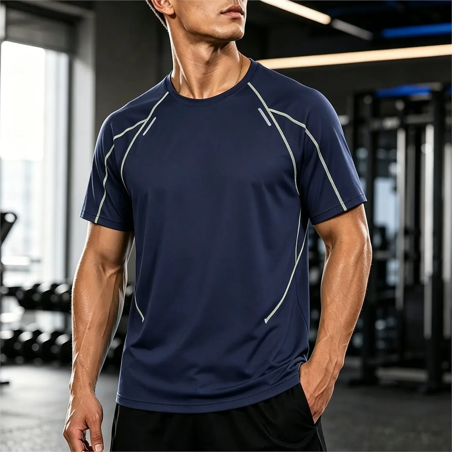 Trendy Men's Stitched Line Splicing Quick Dry Gym T‑Shirt Breathable Crew Neck Short Sleeve Fitness Training Sports Tee Tops