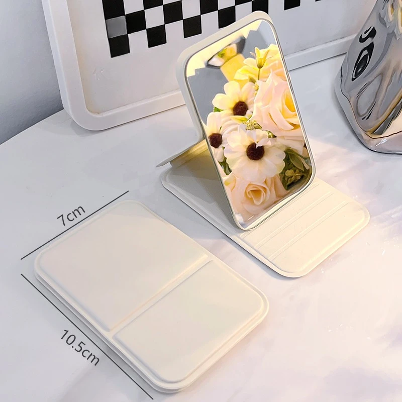 Simple Desktop Makeup Mirror PU Leather Portable Handheld Makeup Mirror Foldable Student Compact Cute Pocket Mirror  Solid Color