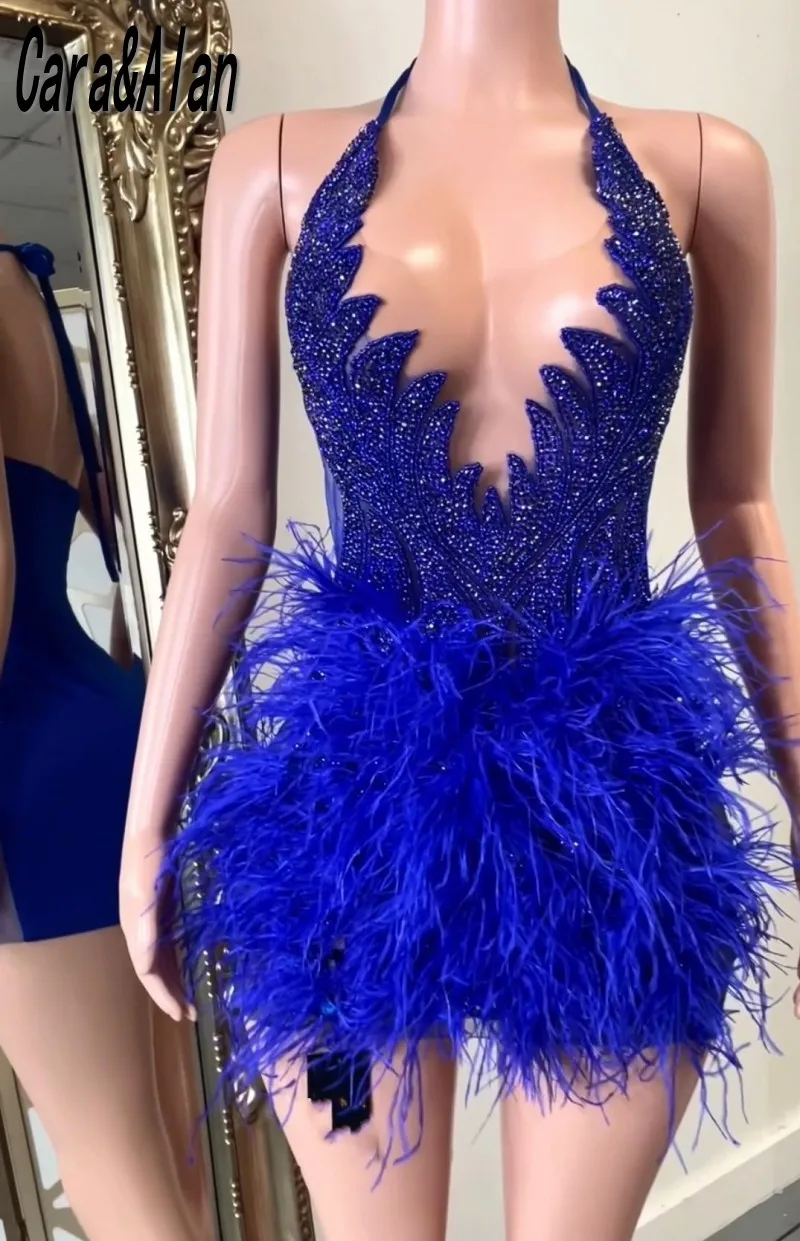 Vestidos De Gala 2025, Vestidos De graduación con plumas De diamantes De imitación, Mini Vestidos De fiesta con cuello Halter, vestido De cumpleaños negro para niñas, personalizado