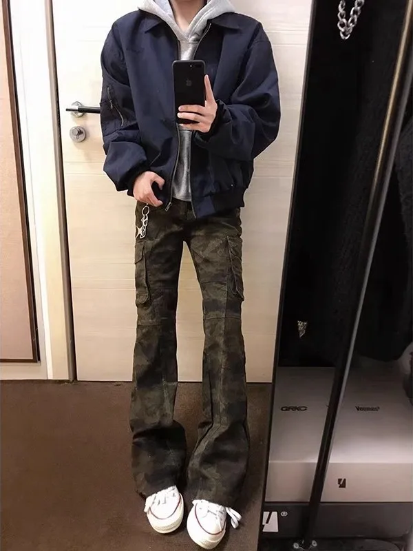 

Retro American Camouflage Flared Workwear Pants Men's Autumn Winter Fce Straight Leg Slimming Jeans Cleanfit Sle