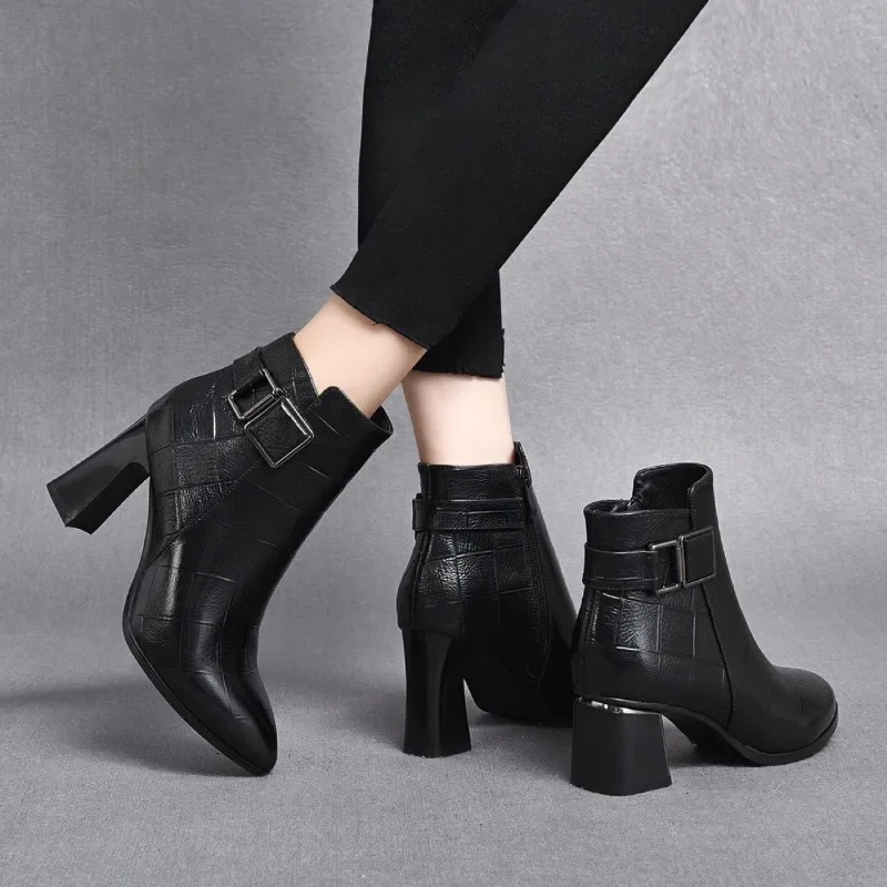 Elegant Women's Boots Ankle Pu 2021 New Mature Casual Pointed Side Zipper Cotton Boots Square Heel  Women Shoes Black