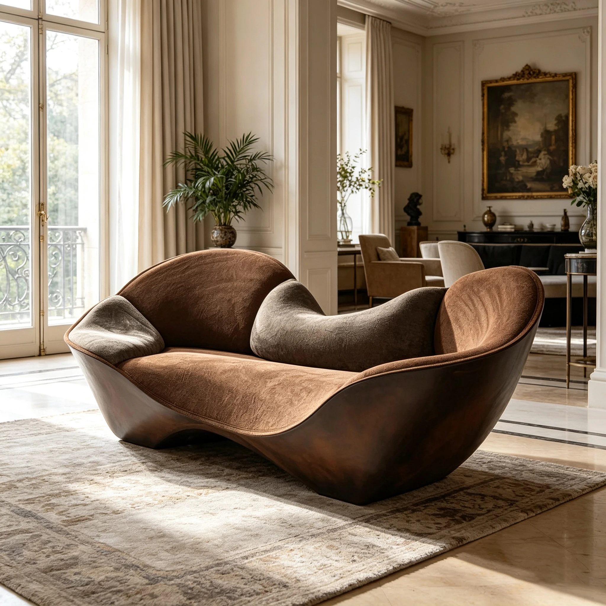 Z*-Brown Textured Fabric Curved Sofa Wood-Grain Fiberglass Frame for Modern Living Room^