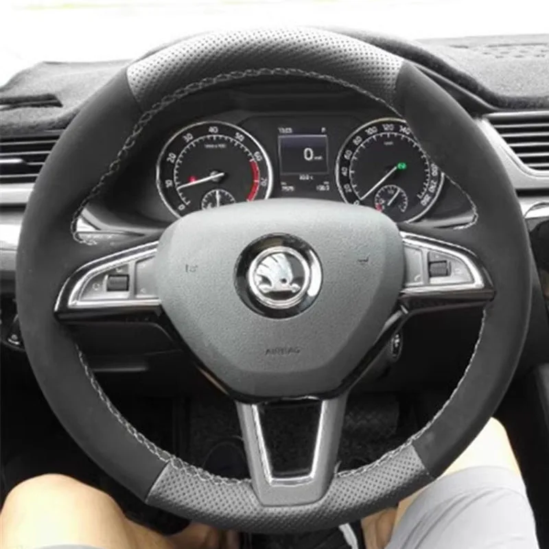 For Skoda Octavia 2015-2019 Kodiaq Citigo Scala black non-slip suede Genuine Leather DIY Hand Stitched Car Steering Wheel Cover