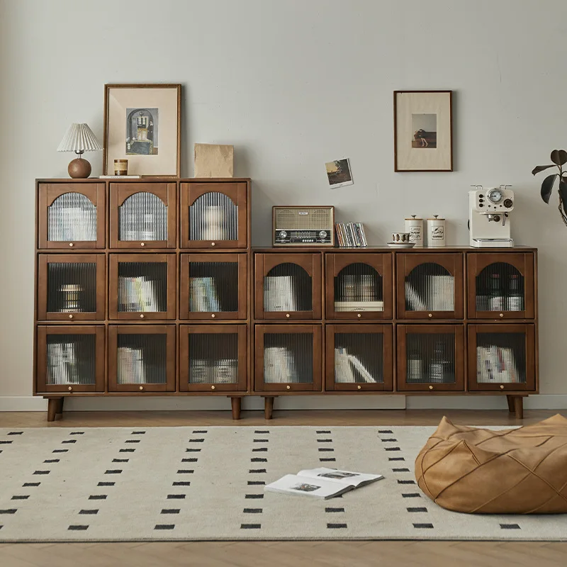 

Solid wood display cabinet, bookcase with glass door, dustproof arched storage side cabinet, low cabinet, living room retro stor