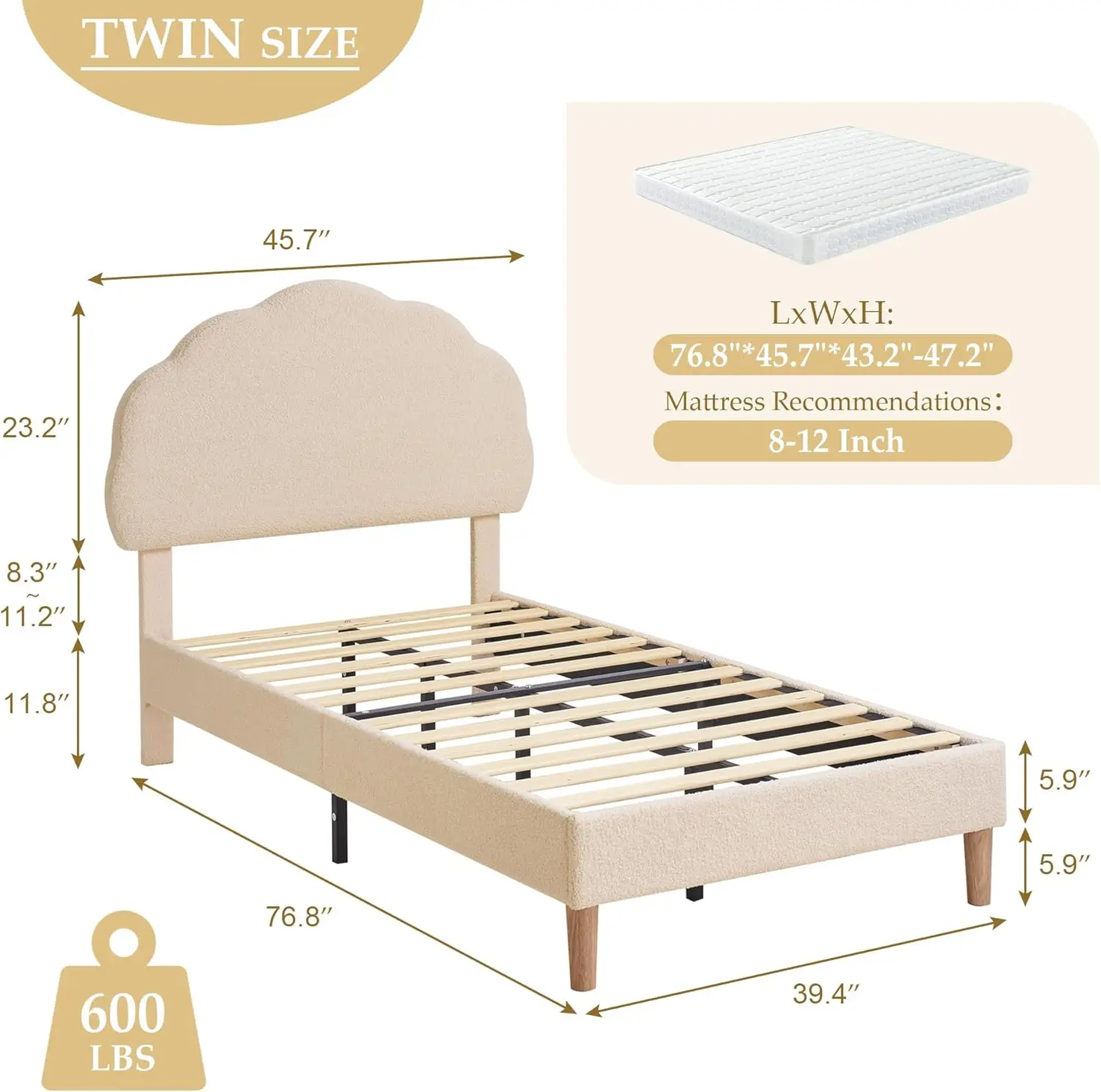 Twinsize bedframe, gestoffeerd platformbedframe met in hoogte verstelbaar hoofdeinde van pluche stof, sterke houten lattenbodems, nr