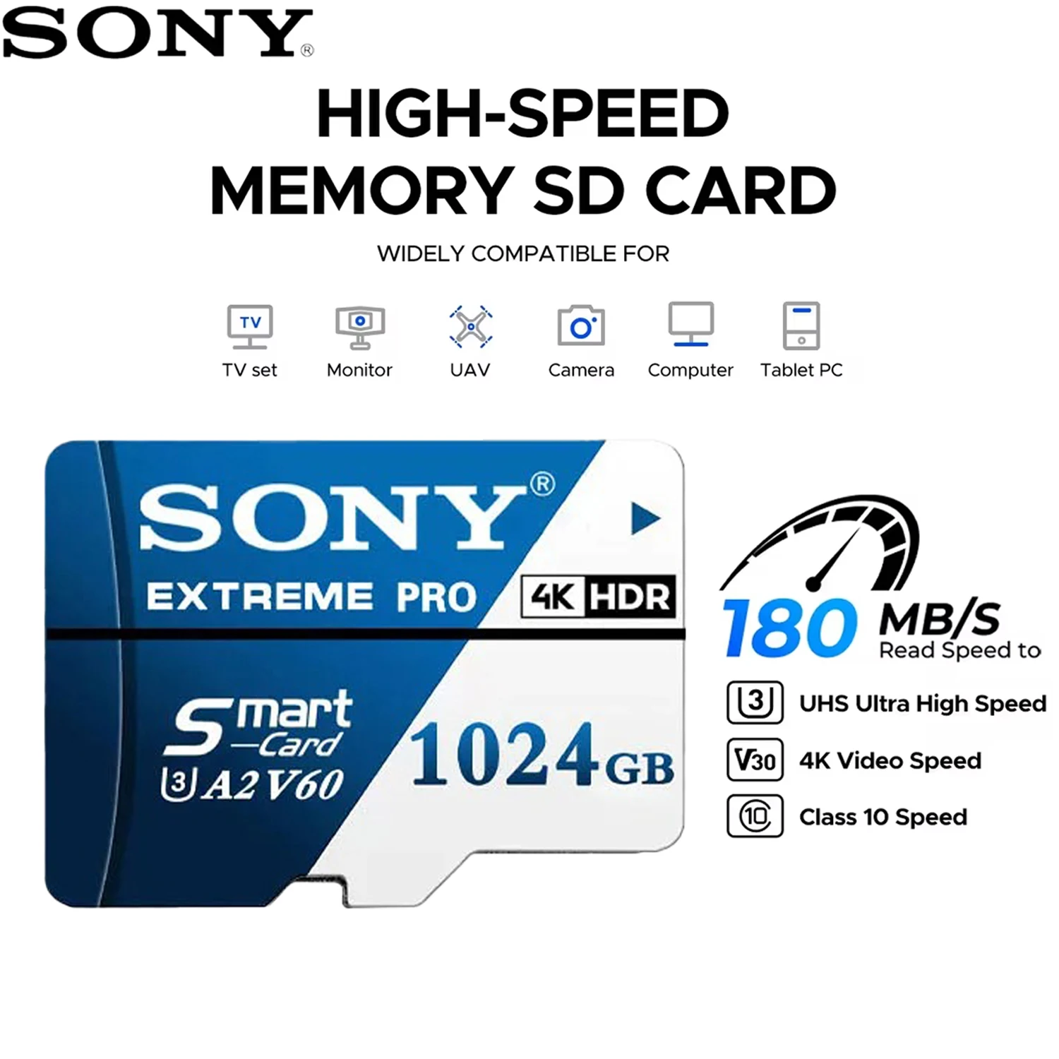 SONY 1TB Micro SD Card UHS-I Memory Card, 180MB/s Read, 100MB/s, 4K UHD Recoding, U3, Class10, V30, A2, TF Flash Card for Camera
