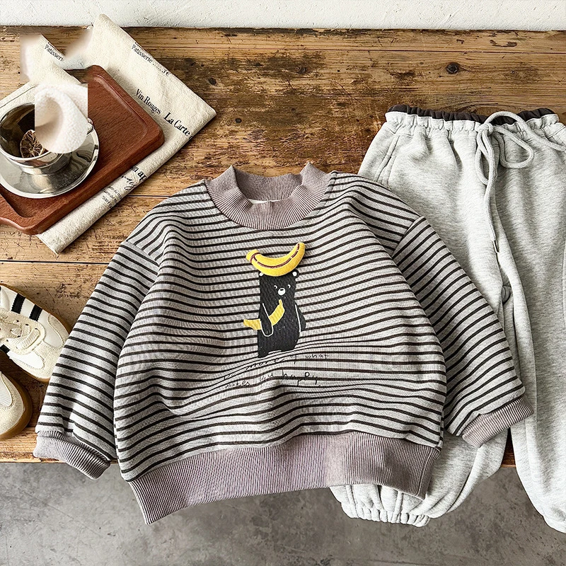 

Kids Baby Boys Sweatshirt Banana Jacquard Striped Thicken Warm Toddler Boys Pullovers Round Neck Little Boys Sweatshirt Tops