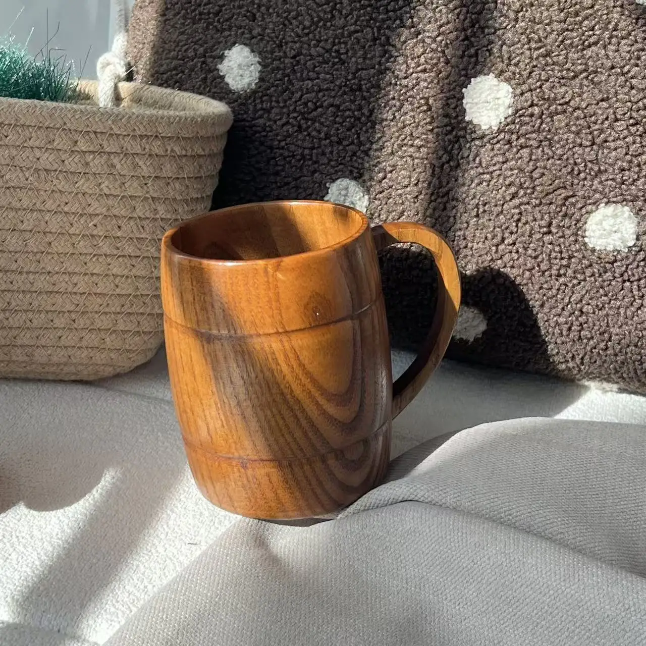 Handmade Wooden Jujube Cup With Handle Coffee Tea Beer Milk Water Drinking Mug Japanese Vintage Heat Resistant Gift Home Bar
