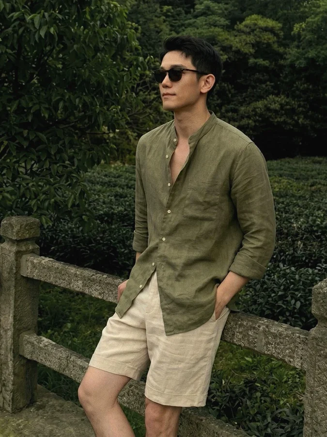 

Military Green Cotton Linen Men's Shirt Slim Fit Long Sleeve Single Pocket Sun Protection Open Cardigan Silk Linen Shirt