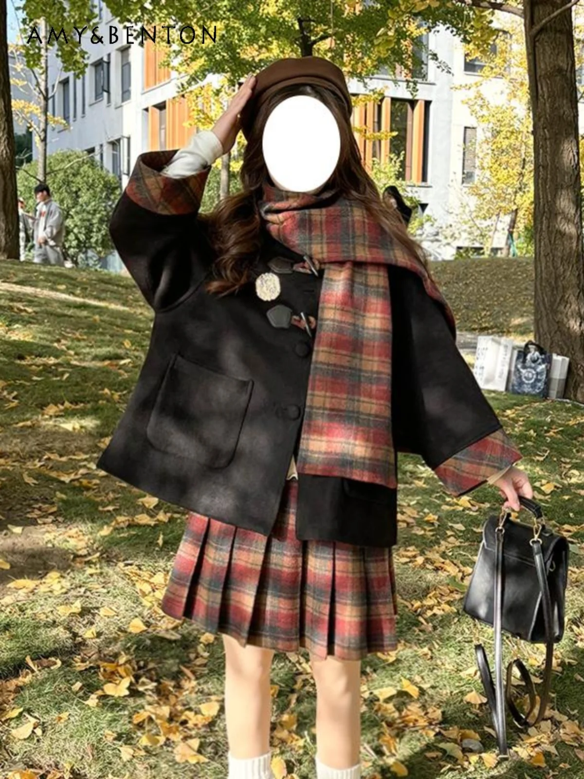 

2025 Autumn Winter College Style JK Uniform Set Black Woolen Coat Colorful Plaid Skirt Scarf Badge Four-Piece Set