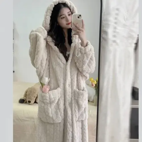 Pocket Robe for Women Sleepwear Winter Nightdress Night Wears Warm Fleece Pajama One Piece Nightgown Hooded Sleeping Homewear - Image 5