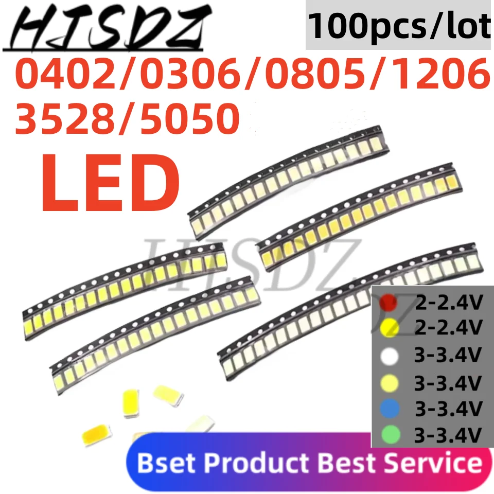 0402 0603 0805 1206 3528 5050 SMD LED Red Yellow Green White Blue Orange light emitting diode 100pcs/lot