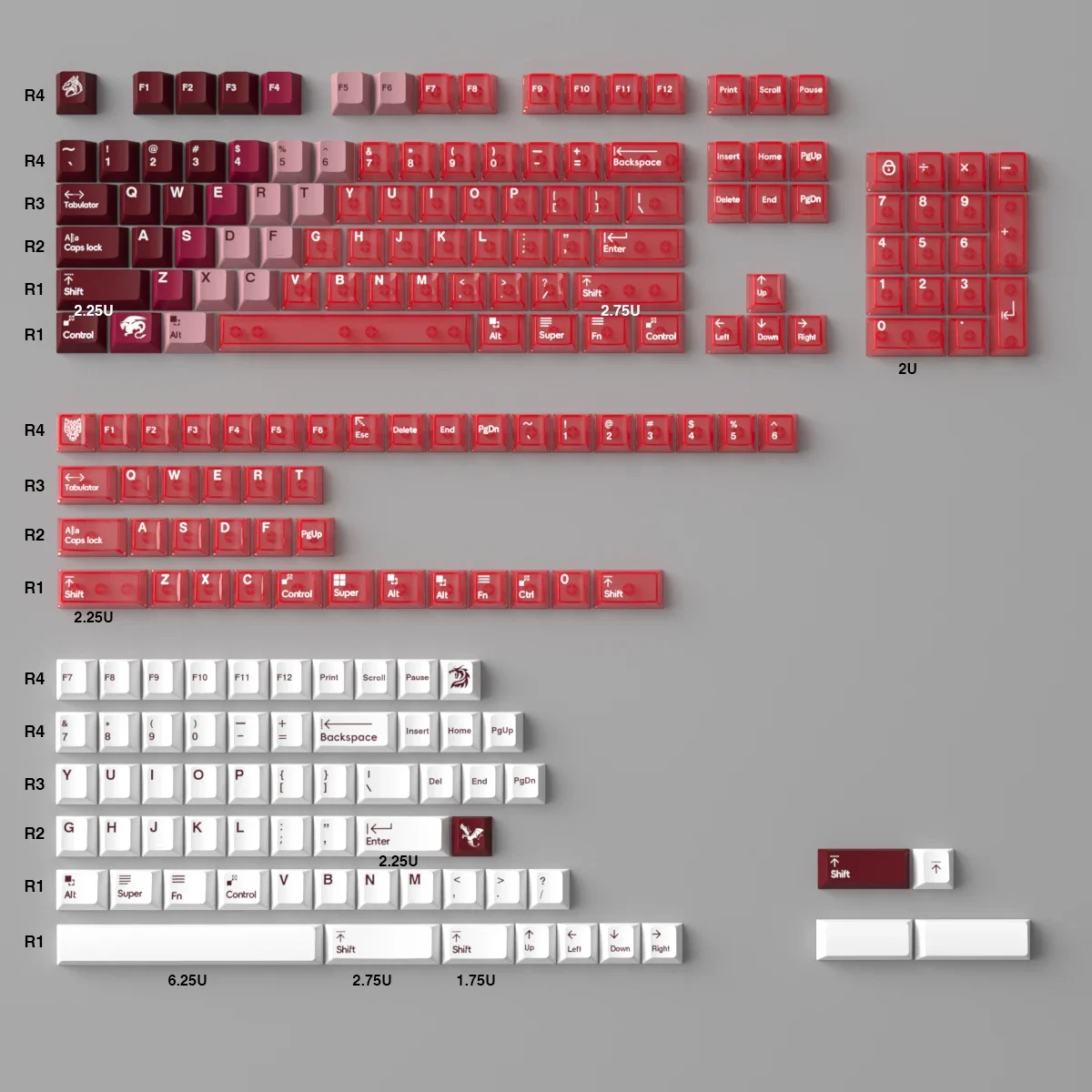 Snow Mountain Red Red Flame Dragon Gradient Keycaps Transparent PBT, PC Pad Printed Original Wooting Mechanical Keyboard