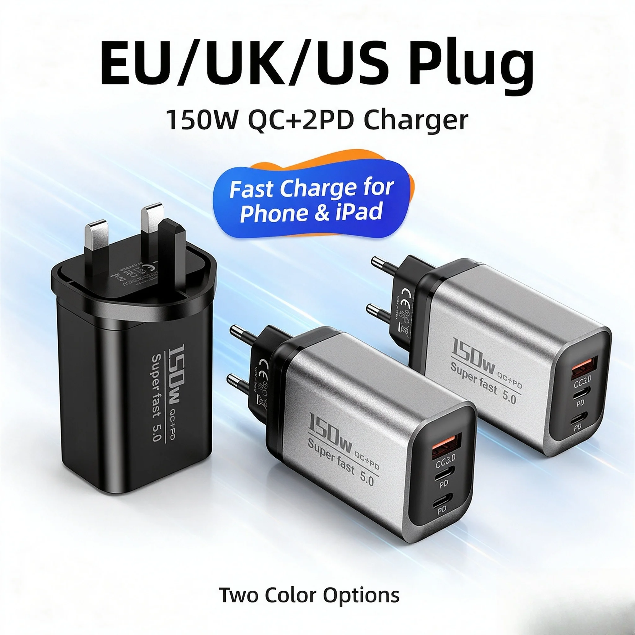 150W USB Type C Charger 3 in 1 Super Fast Charging 5.0 Phone Charger EU/UK/US Plug Wall Adapter For iPhone 17 16 Samsung Xiaomi