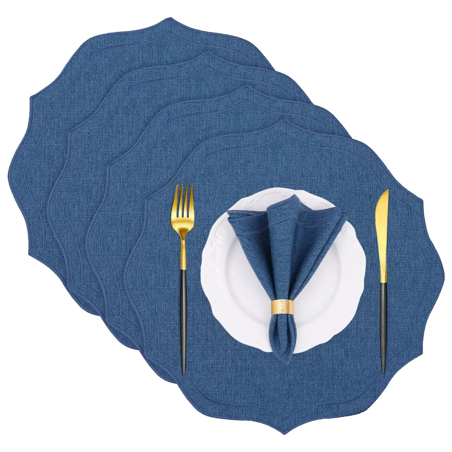Cotton Linen Round Cloth Placemats,Washable Wrinkle Resistance, Scalloped & Embroidered Fabric Table Mats,15.5 inch