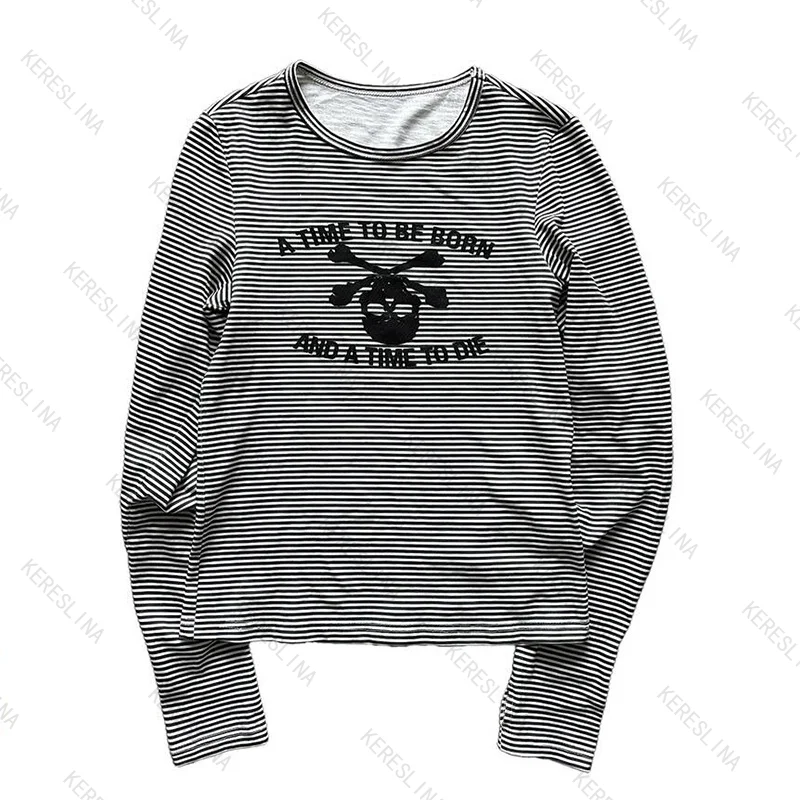 Punk Hip Hop Retro Goth Y2k Gestreiftes Langarm-T-Shirt Top Europäische und amerikanische trendige Mode Bequemes, vielseitiges T-Shirt