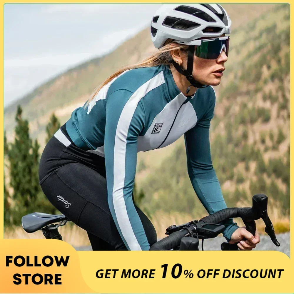 

Santic Women's Cycling Jersey Long Sleeve Full Zipper Bicycle Jackets Windproof Autumn Winter Thermal MTB Riding Sports Clothing