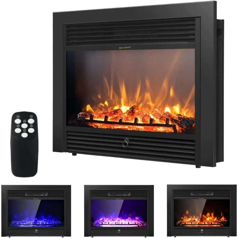 

28 Electric Fireplace Wall Mounted or Recessed with 3-Color Flame Effect Adjustable Brightness Levels 8-Hour Timer Dual Heat Ou