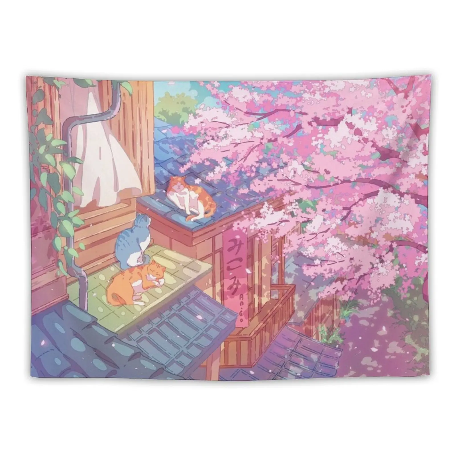 The cute cats, rooftops, and pink cherry blossom Tapestry Home Decorators Room Decor Cute Tapete For The Wall Tapestry