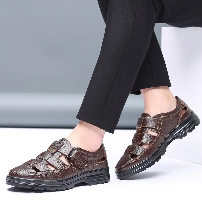 

Size 38-48 Retro Men Casual Sandals Black-brown Color Summer New Style with Velcro Breathable Flat-top Ankle Strap Sandals