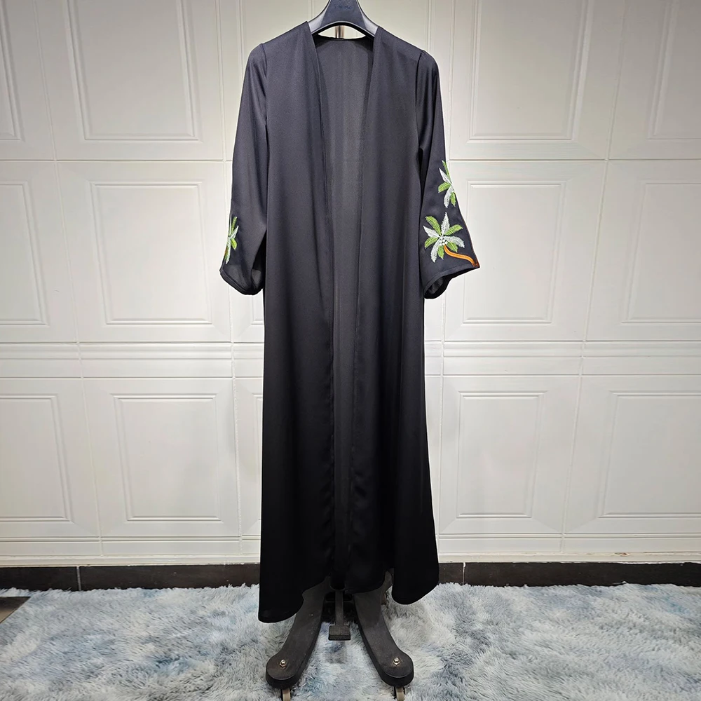 New 2024 Black Casual Open Kimono Abaya For Muslim Women Ramadan Eid Jalabiya Embroidery Long Sleeve African Moroccan Robe