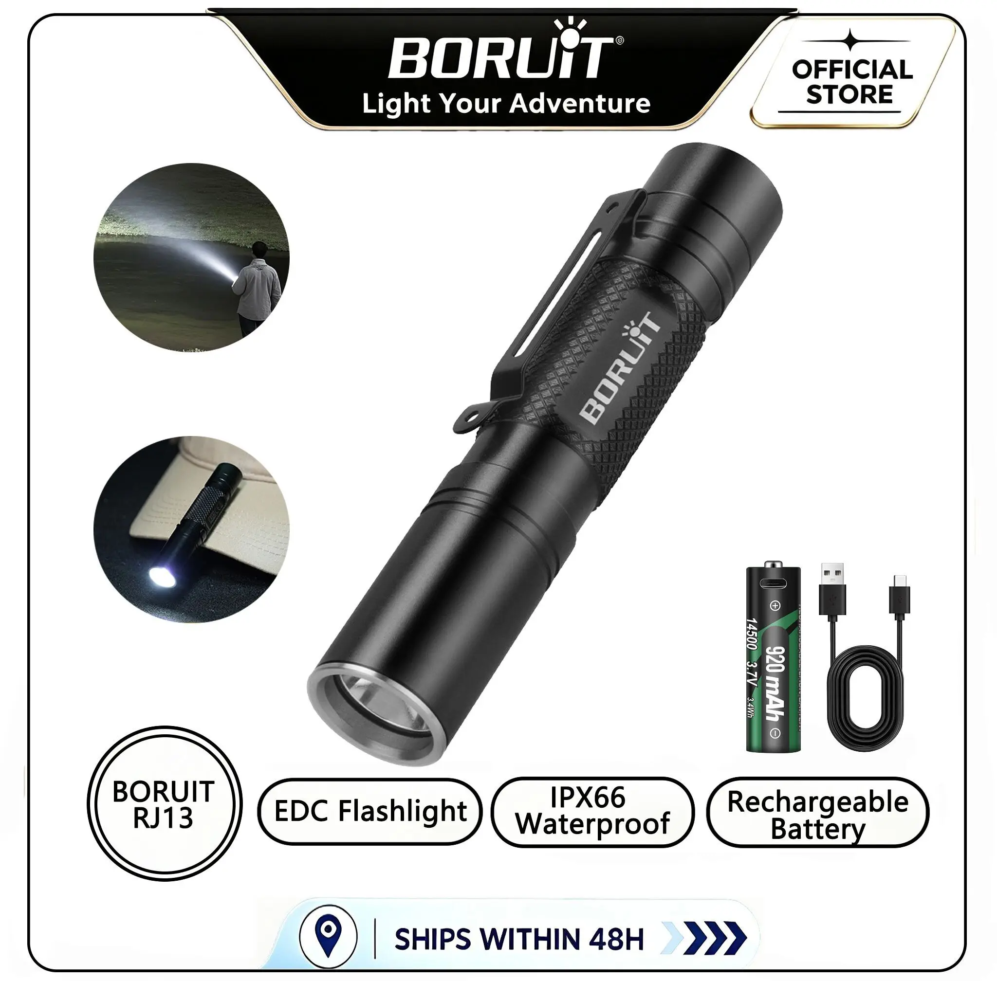 BORUiT RJ13 Kleine EDC-Taschenlampe, 500 lm, leistungsstarke Taschenlampe, Typ C, USB-Aufladung, IP66, wasserdicht, Outdoor-Camping-Beleuchtungslampe