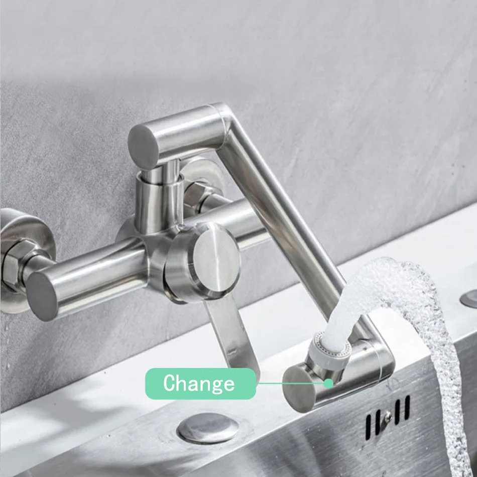 Kitchen Sink Faucet Wall Mounted 304 Stainless Steel Swinging Arm Rotation Double Hole Hot and Cold Water Saving Mixer Basin Tap