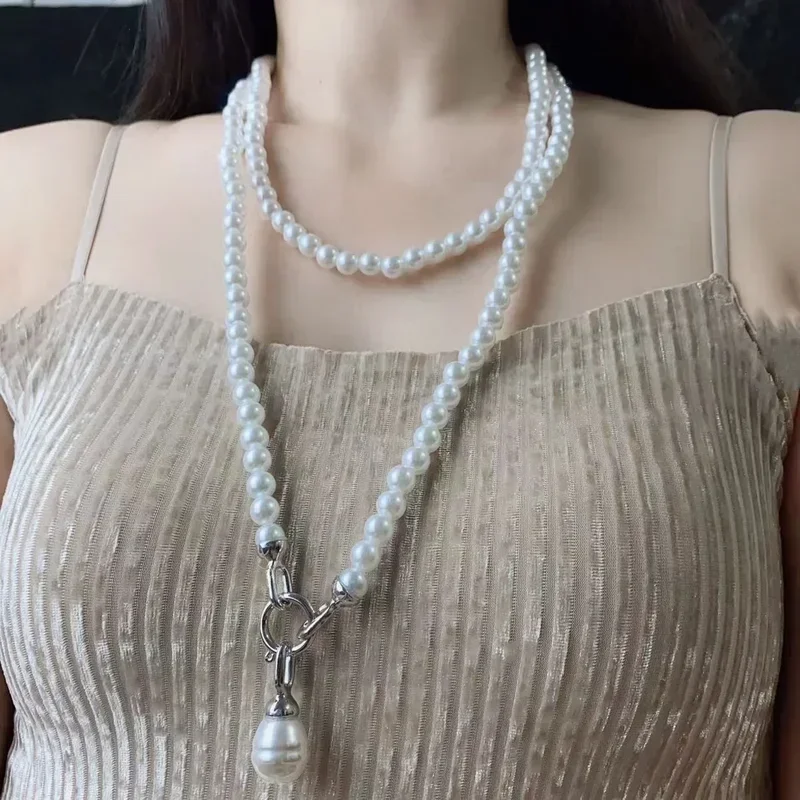 LATS Status Pearls Long Necklace for Women's Personity Chains Big Baroque Learls During Collars Fashion Jewelry