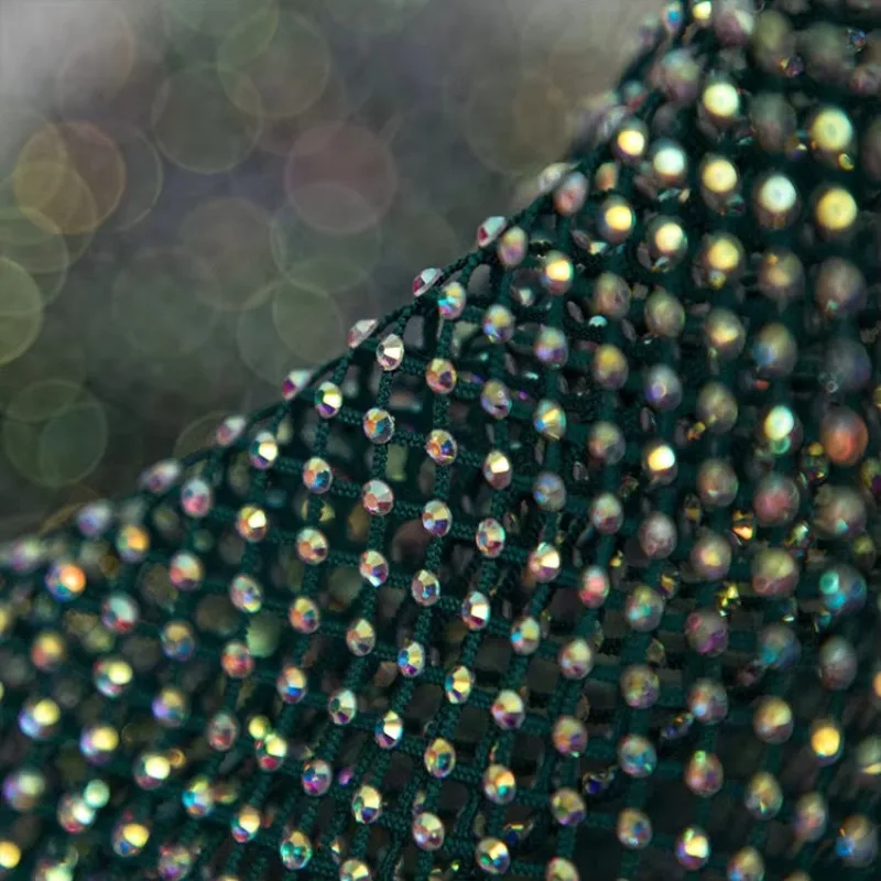 Luxury color contrast diamond mesh stretch fabric for women dress evening gown custom high end rhinestone embellished material
