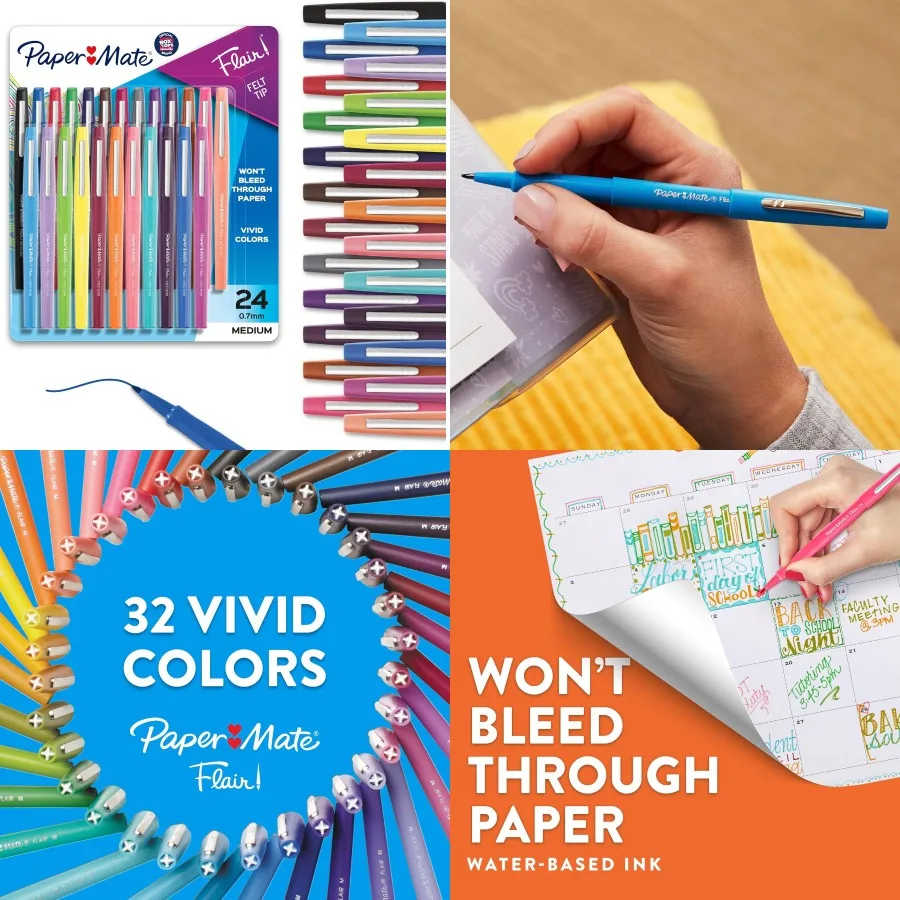 

Ручки с фетровым наконечником Paper Mate, маркеры Flair, средние точки, ассорти, 24 шт., идеально подходят для домашнего офиса, обратно в школу и учителя.