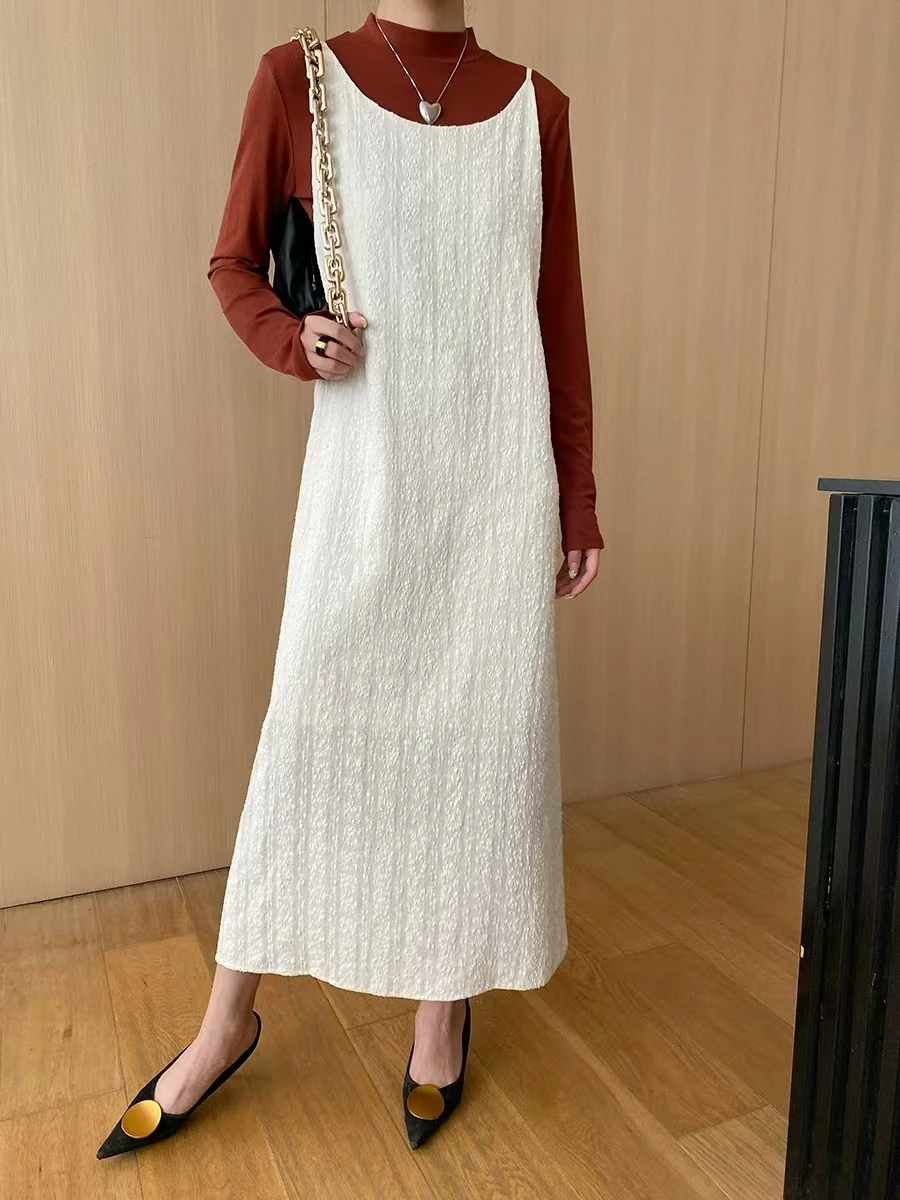 Vestido longo francês Drape, textura simples, camadas, temperamento, fundo fino