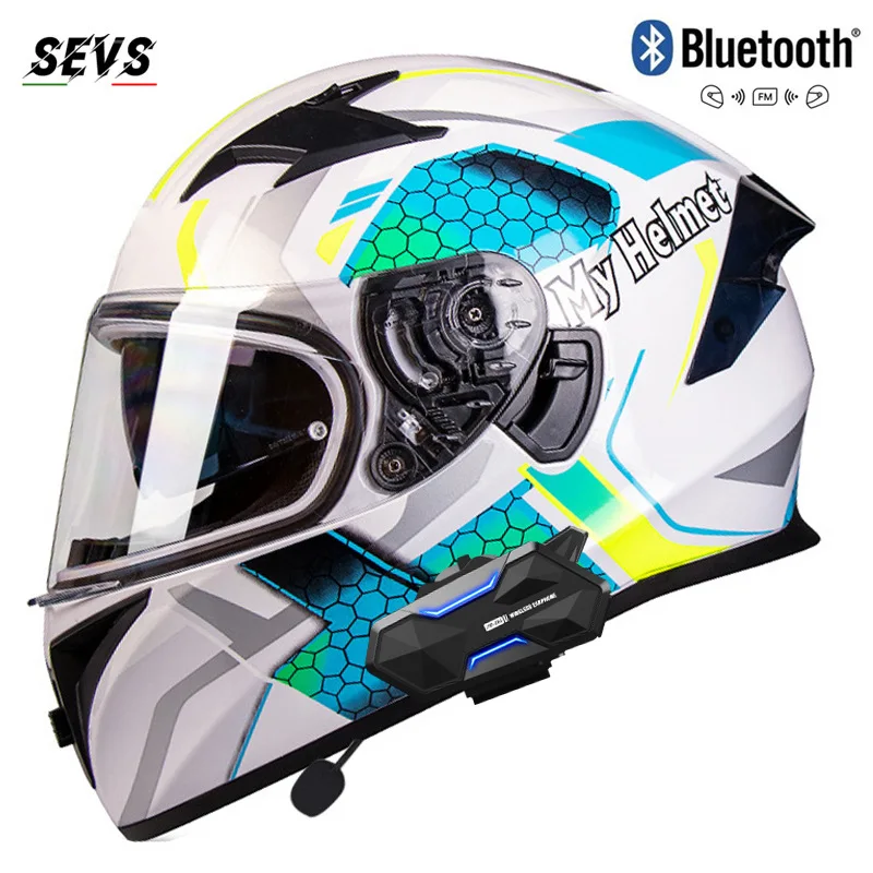 

[8 People Intercom] Dot Certified Dual Lens Bluetooth Helmet Sevs Motorcycle Hard Hat Locomotive Full Helmet casco moto