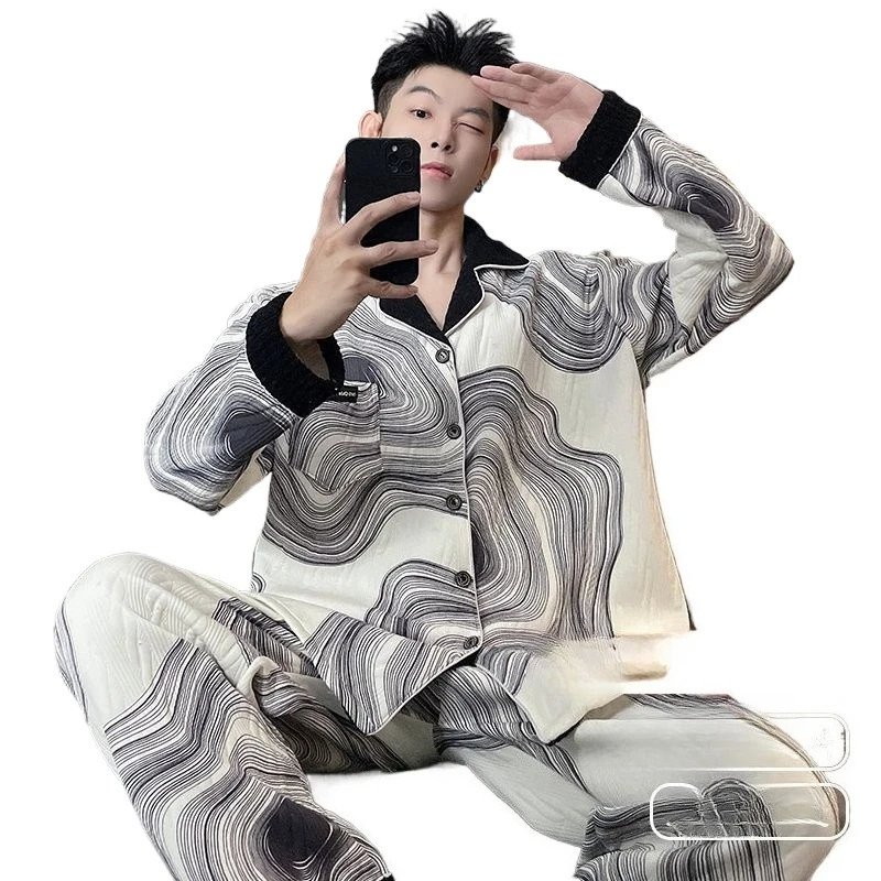 

2026 Men' Pajamas Air Cotton Warm Young and Middle-aged Loungewear Set 145kg Cardigan Sandwich Cotton Winter Plus Size Underwear
