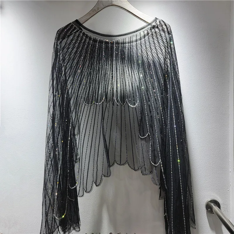HKSH Women Chic Blouse Beaded Studded Diamonds Sheer Shawl Cape Niche Design Streetwear Casual Oversized Top Summer 2026 HK21590