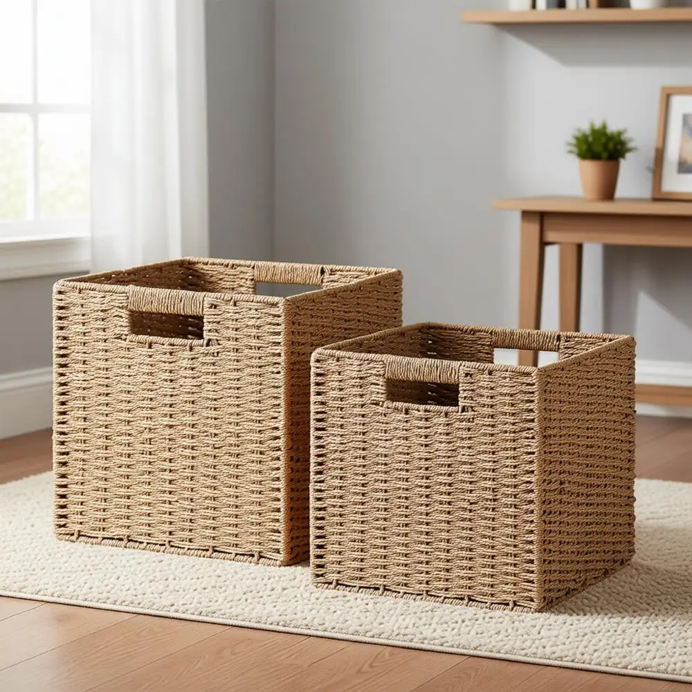 

Set of 2 Natural Beige Woven Paper Rope Storage Baskets, 11x11 Cube Organizers with Handles for Home and Closet